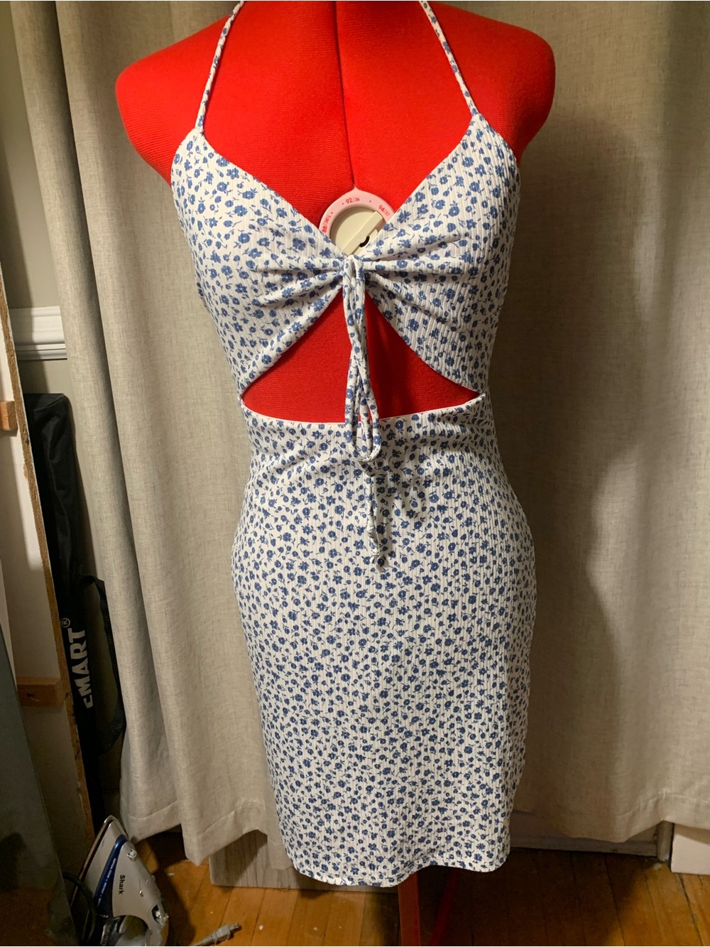 Le Lis White Mini Dress with Blue Floral Print and Front Tie